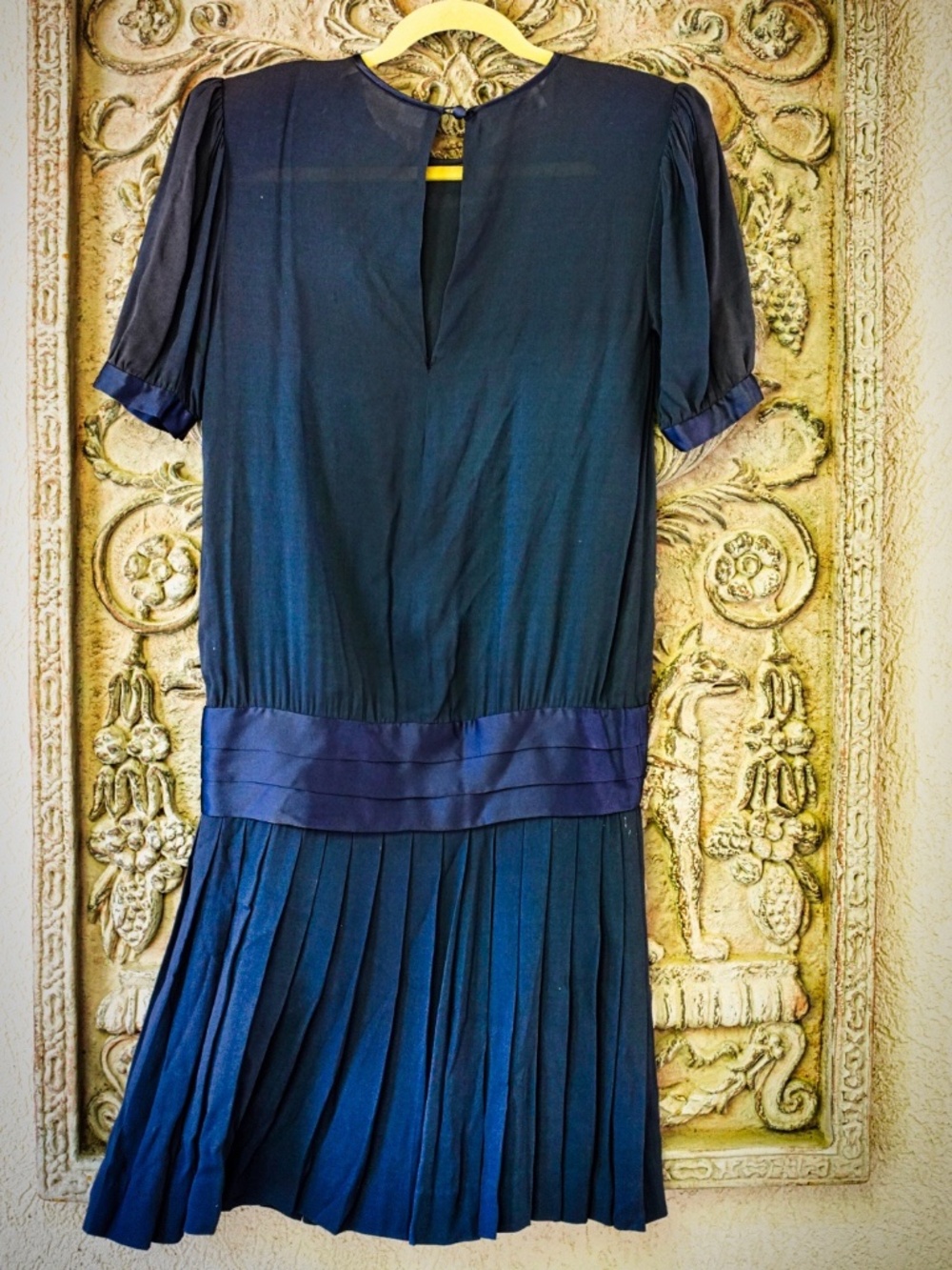 VTG Albert Nipon Petites Navy Blue Pleated Drop Waist Dress Size 2